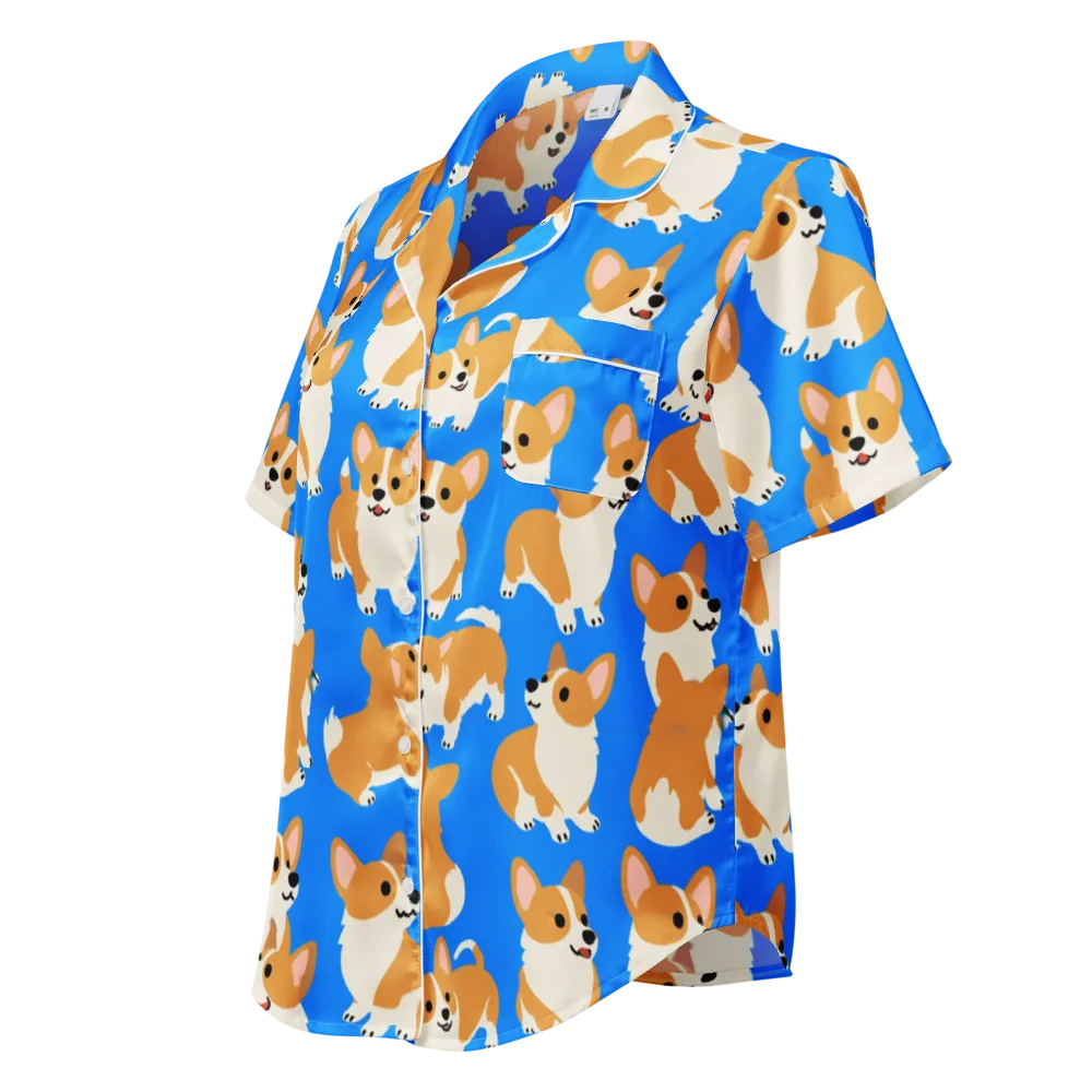 Blue Ribbon Corgis on Women's Short Sleeve Pajama Top — Left Front