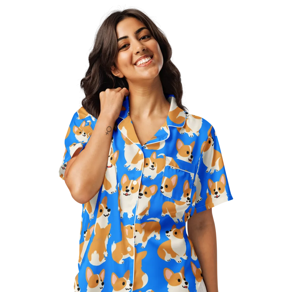 Blue Ribbon Corgis on Women's Short Sleeve Pajama Top — Front