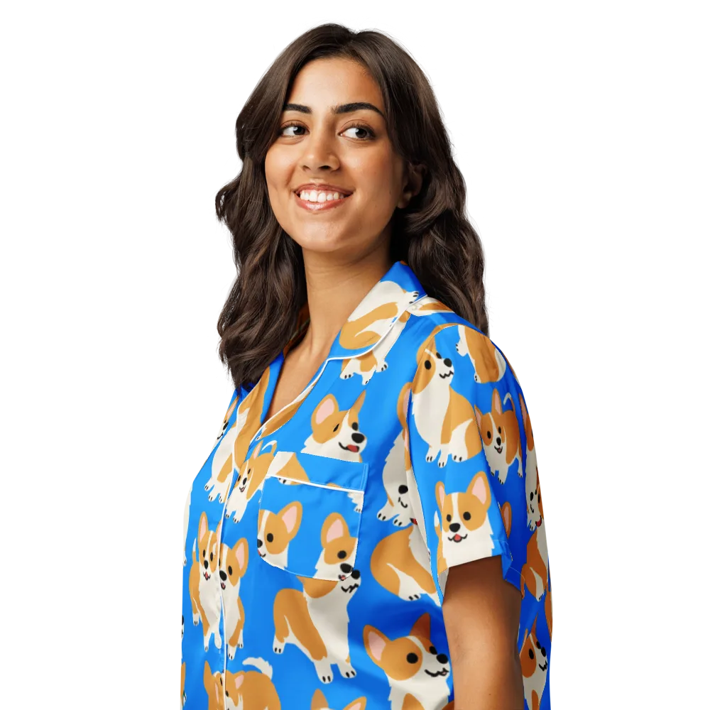 Blue Ribbon Corgis on Women's Short Sleeve Pajama Top — Left Front