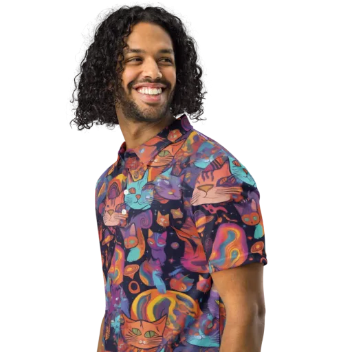 Cosmic Cat Parade on a Men's Slim Fit Polo Shirt