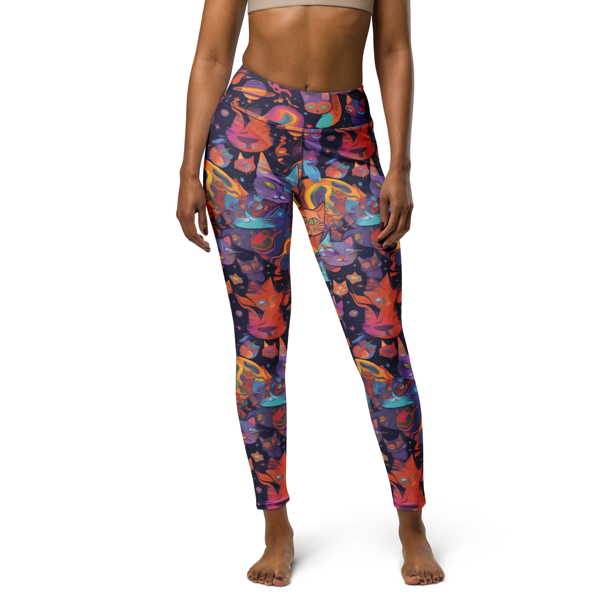 Cosmic Cat Parade on Yoga Leggings — Front