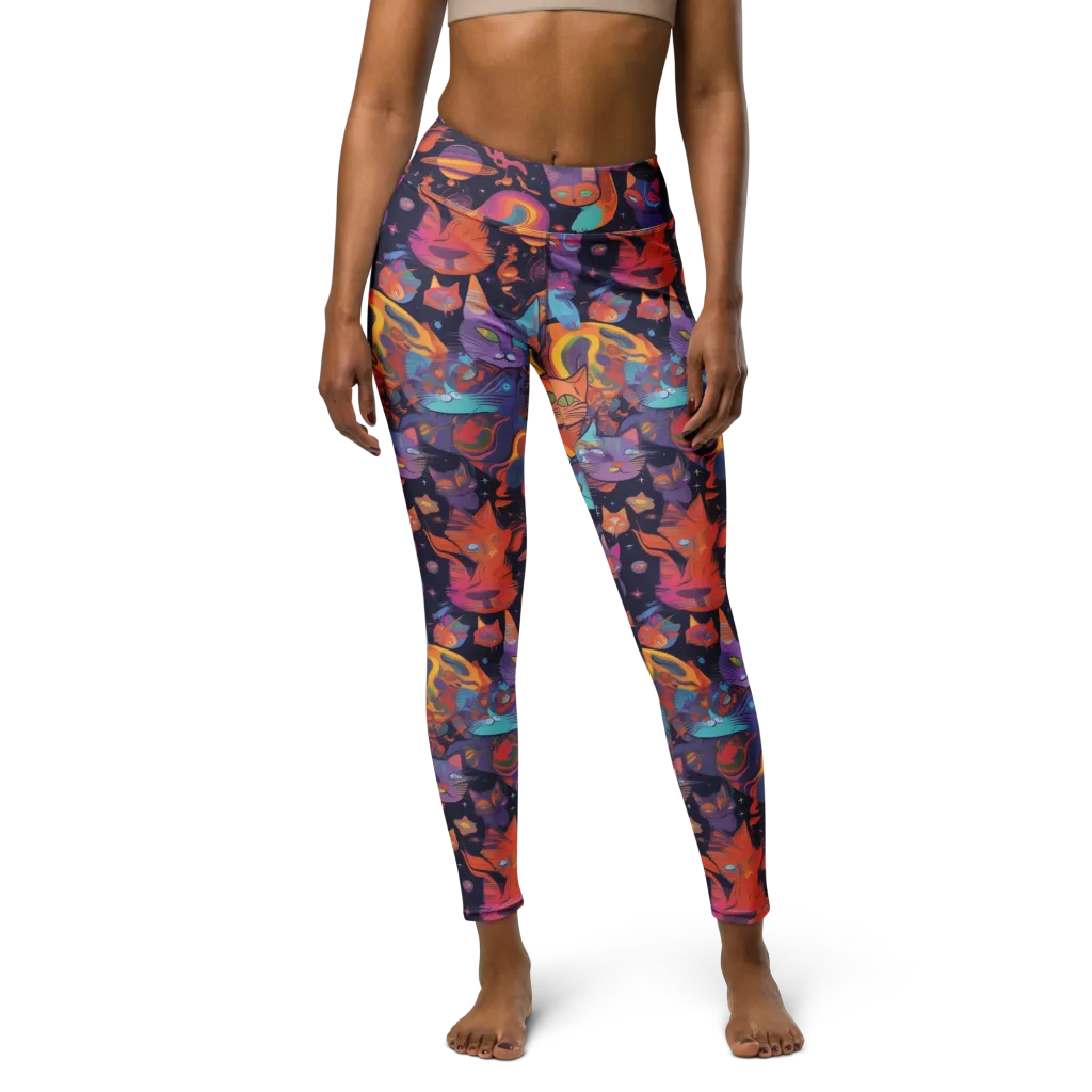 Cosmic Cat Parade on Yoga Leggings — Front