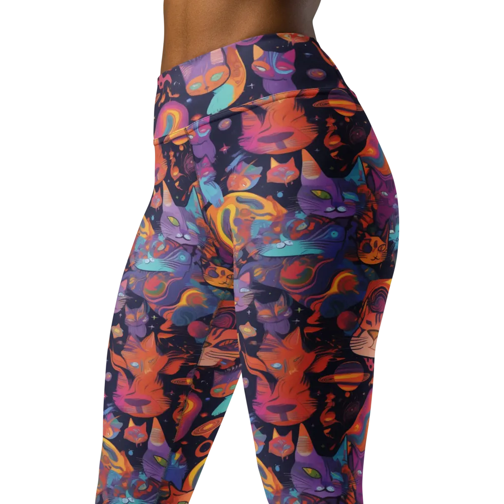 Cosmic Cat Parade on Yoga Leggings — Left Front
