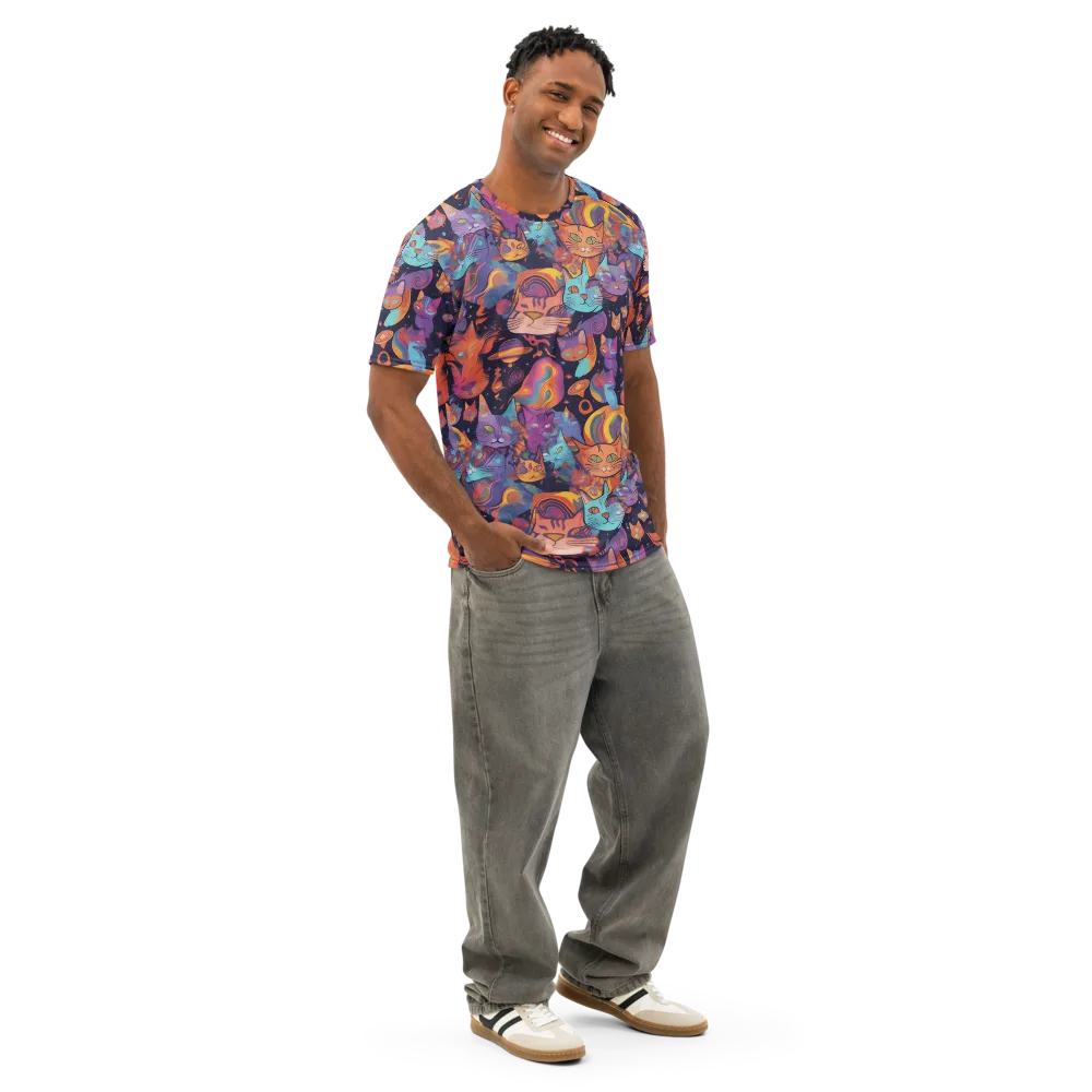 Cosmic Cat Parade on Men's Cotton Crew Neck T-Shirt — Right Front