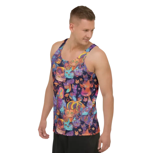 Cosmic Cat Parade on a Men's Tank Top