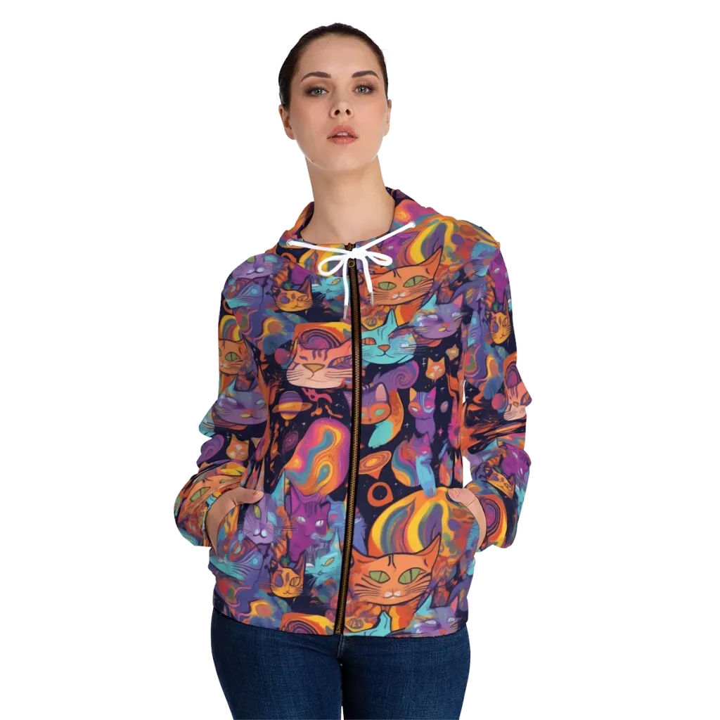 Cosmic Cat Parade on Women's Full-Zip Hoodie — Front On Person