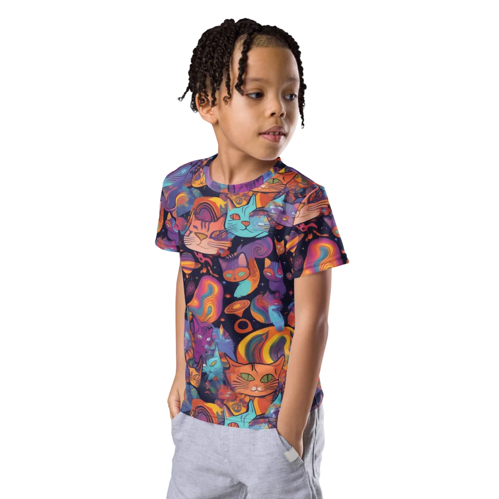 Cosmic Cat Parade on Kids Crew Neck T-Shirt — Left Front