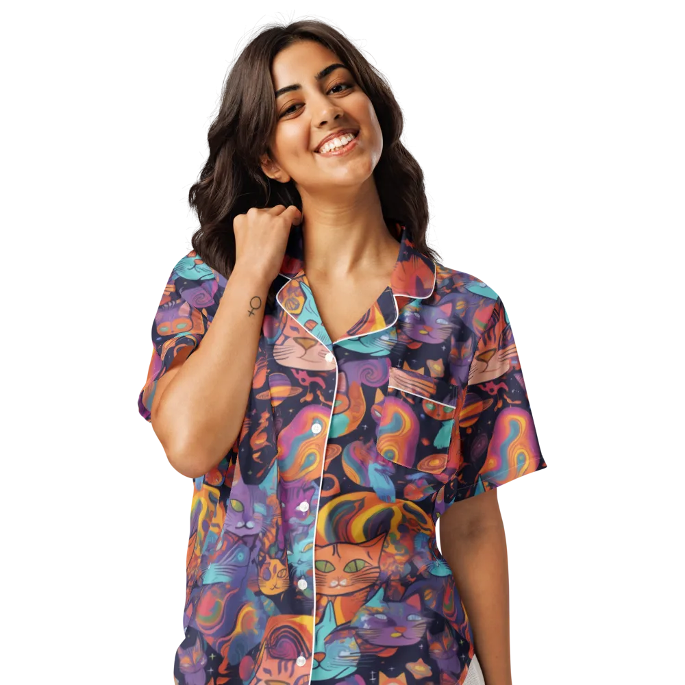 Cosmic Cat Parade on Women's Short Sleeve Pajama Top — Front