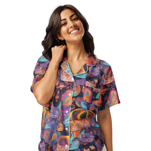 Cosmic Cat Parade on a Women's Short Sleeve Pajama Top