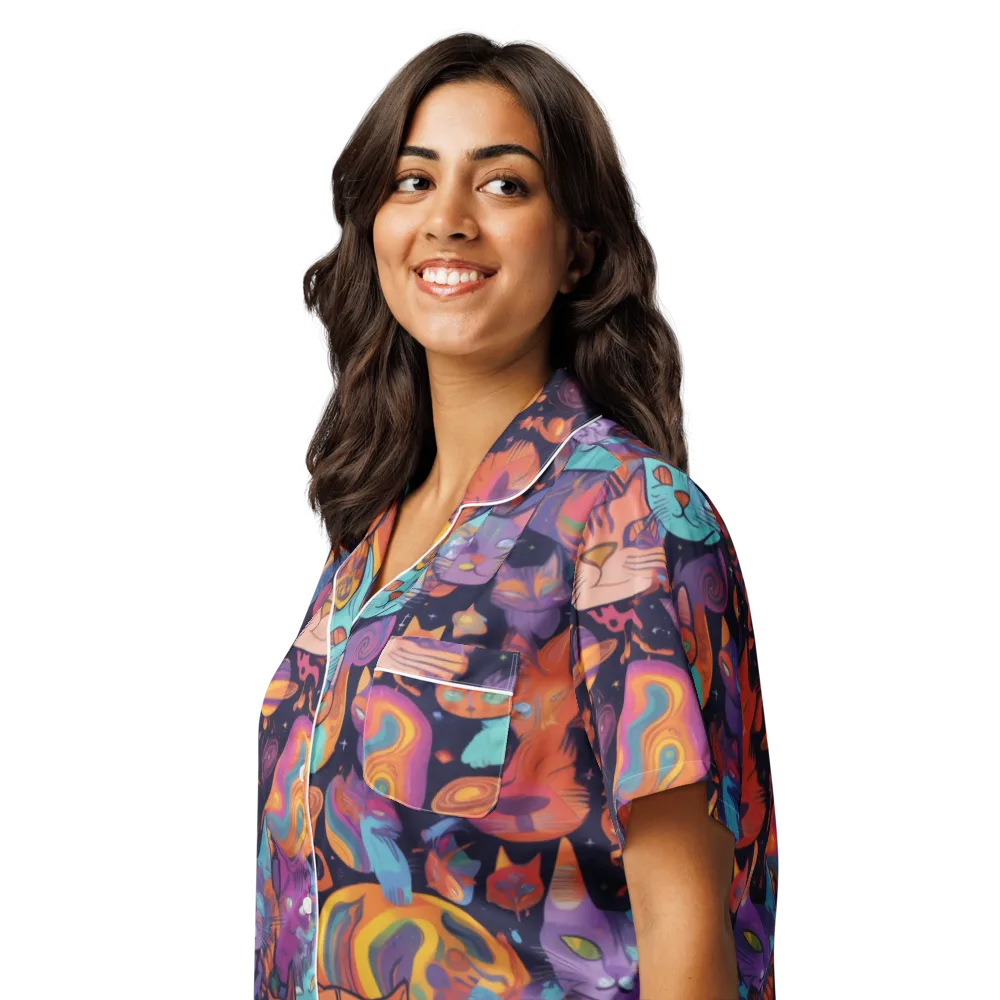 Cosmic Cat Parade on Women's Short Sleeve Pajama Top — Left Front