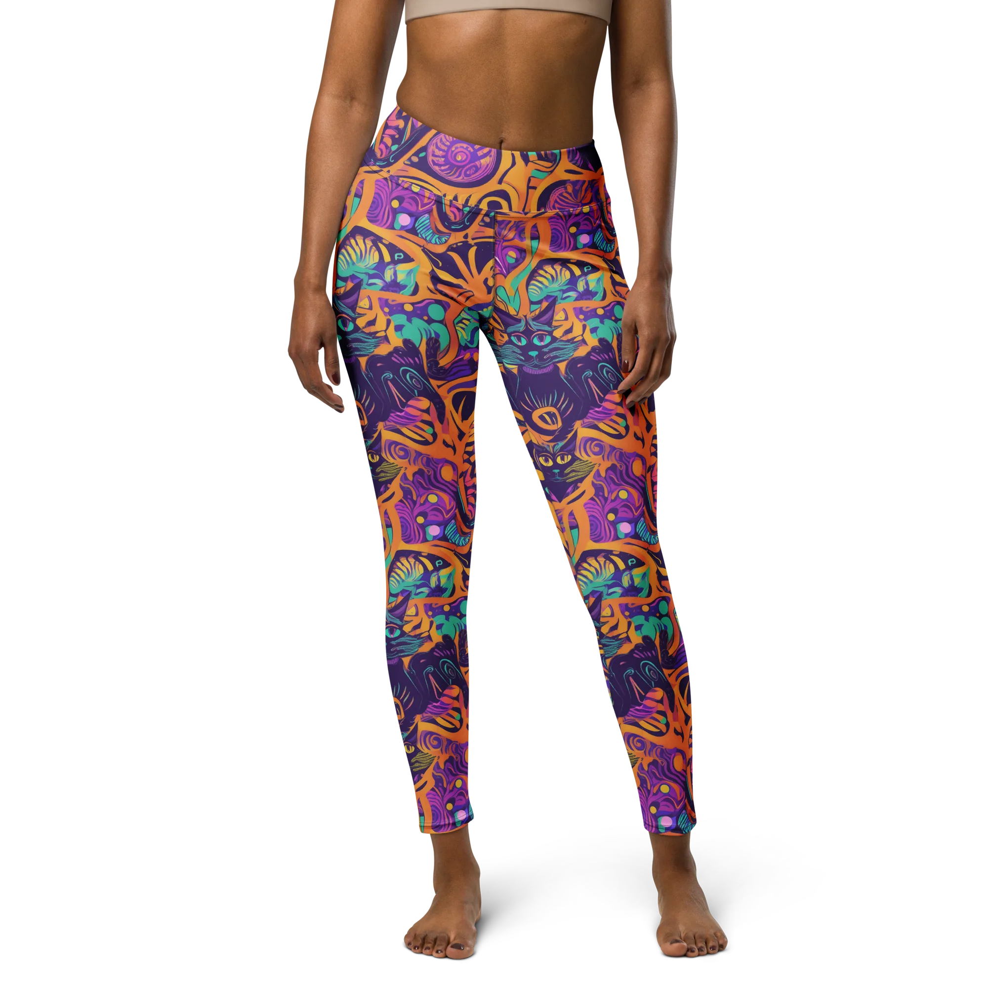 Midnight Mews on Yoga Leggings — Front