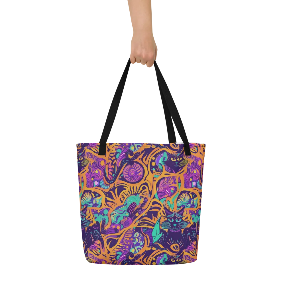 Midnight Mews on Large Tote Bag W/ Pocket — Front