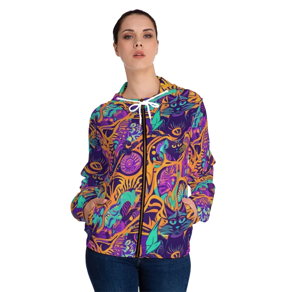 Midnight Mews on Women's Full-Zip Hoodie — Front On Person