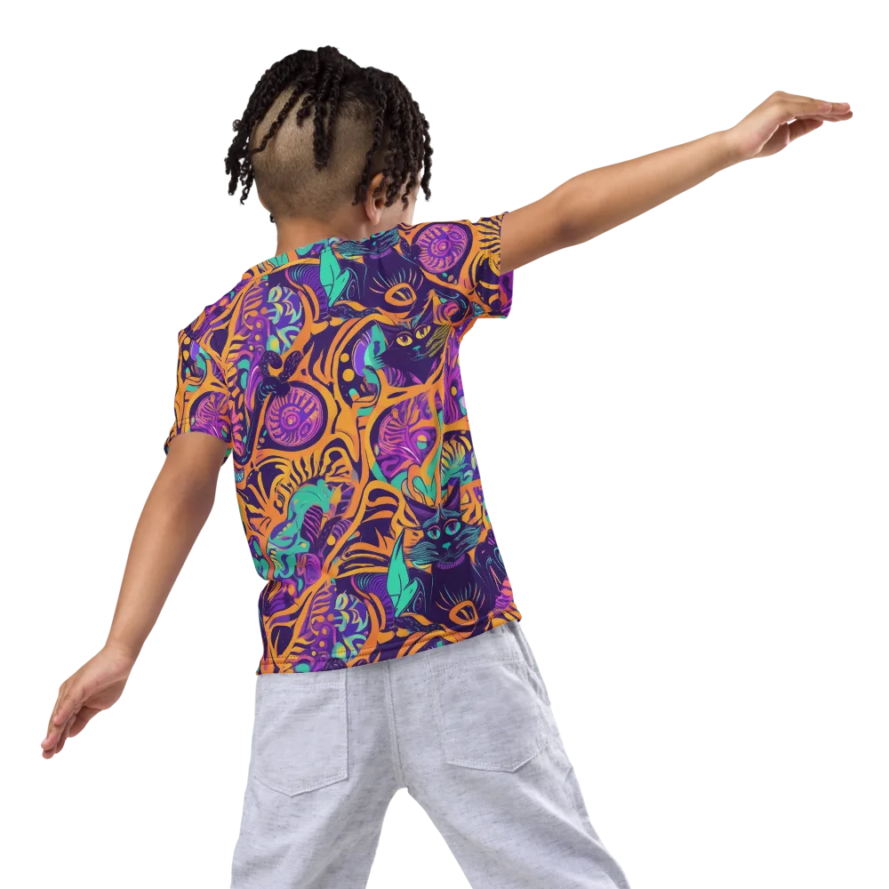 Midnight Mews on Kids Crew Neck T-Shirt — Back