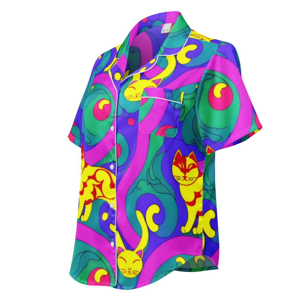 Neon Cat’s Cradle on Women's Short Sleeve Pajama Top — Left Front