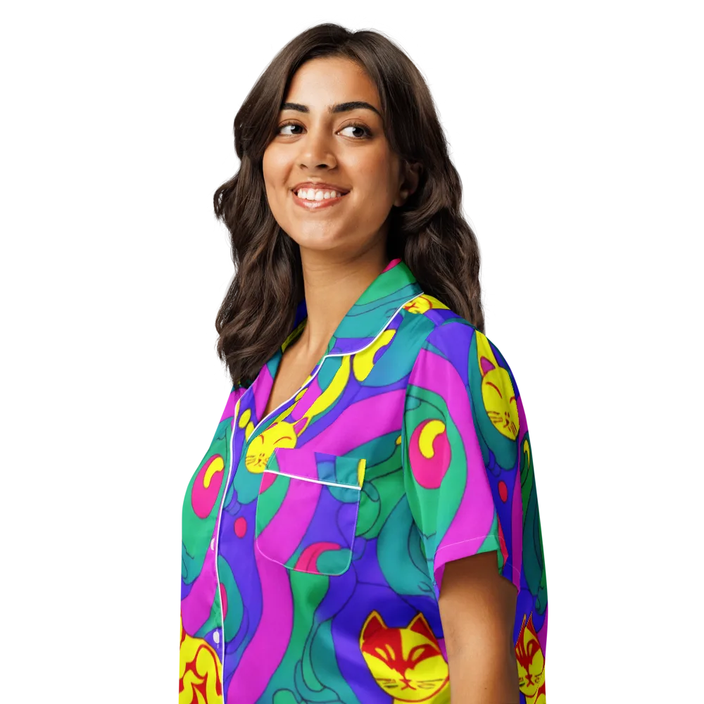 Neon Cat’s Cradle on Women's Short Sleeve Pajama Top — Left Front