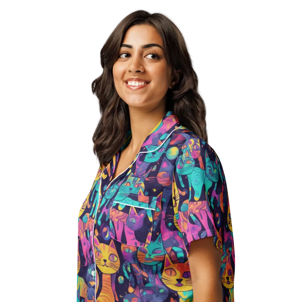 Astrocat Carnival on Women's Short Sleeve Pajama Top — Left Front