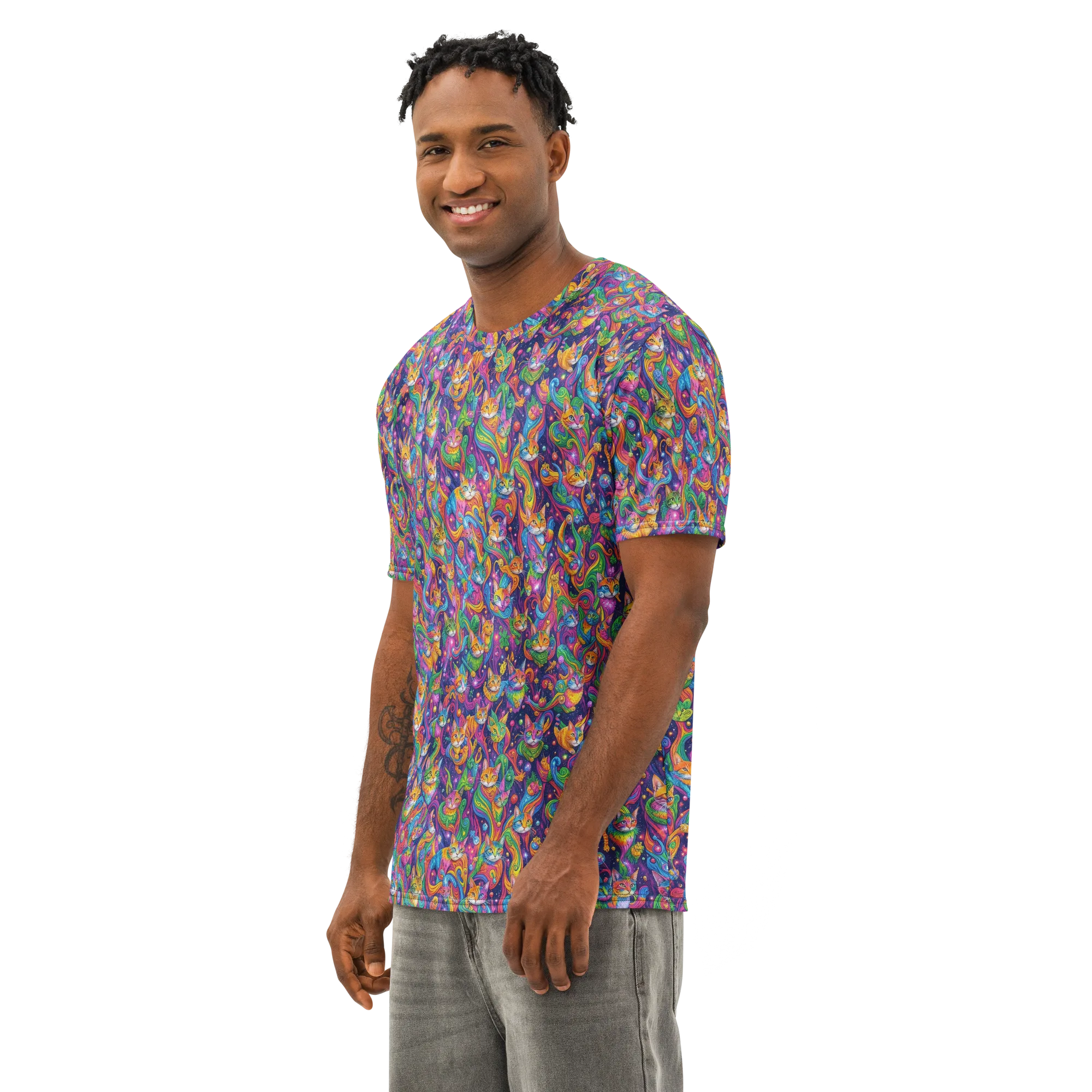 Prismatic Purr on Men's Cotton Crew Neck T-Shirt — Left Front