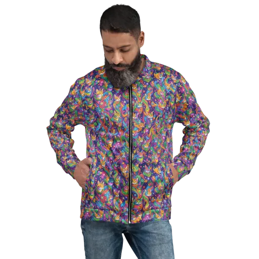 Prismatic Purr on a Bomber Jacket