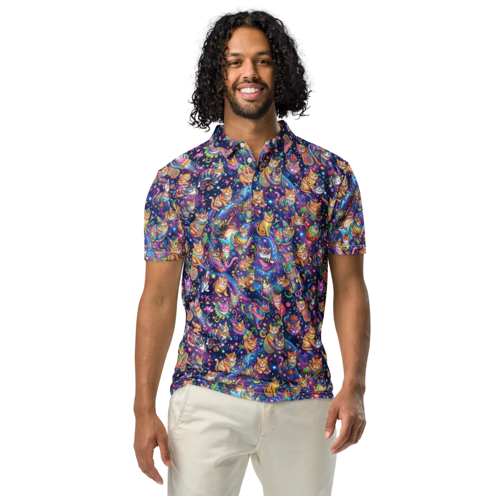 Cosmic Cat Carnival on Men's Slim Fit Polo Shirt — Front