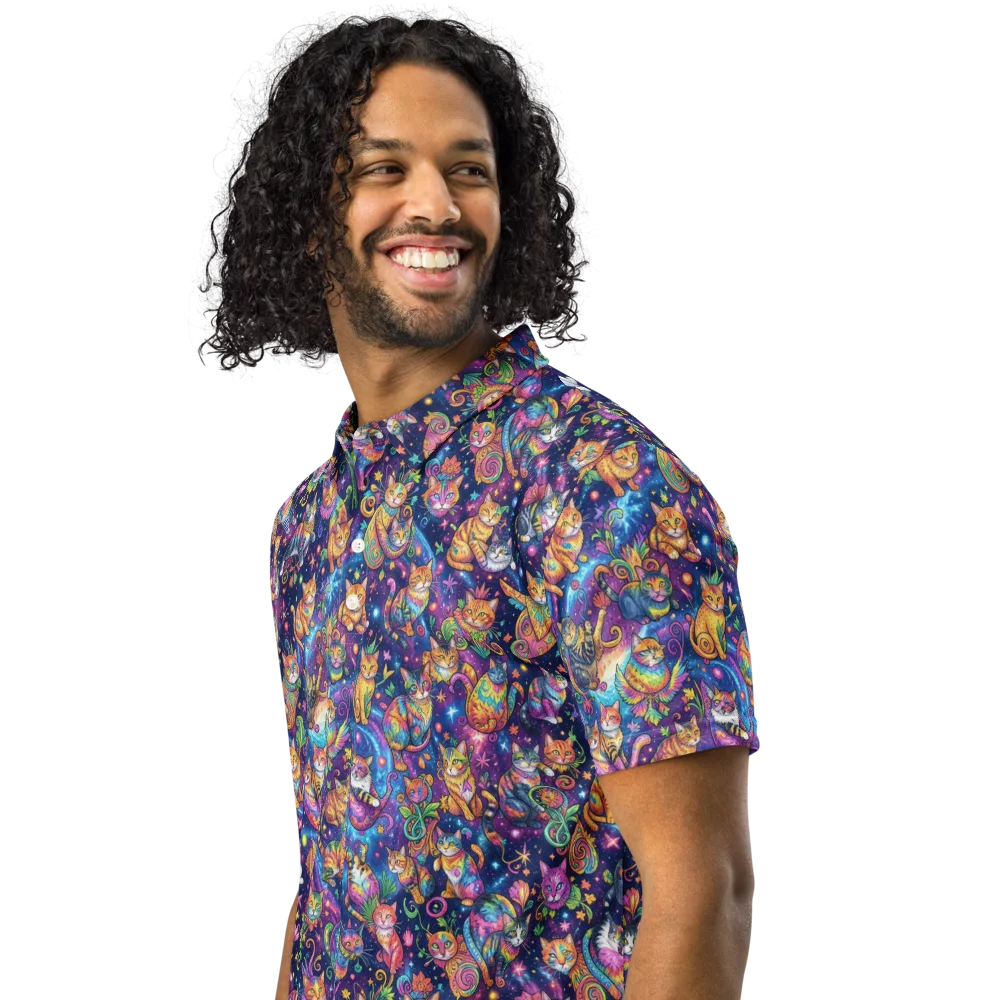 Cosmic Cat Carnival on Men's Slim Fit Polo Shirt — Left Front
