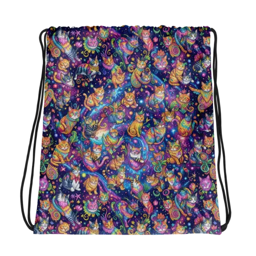 Cosmic Cat Carnival on a Drawstring Bag