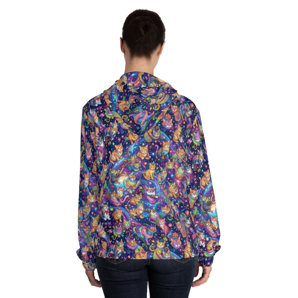 Cosmic Cat Carnival on Women's Full-Zip Hoodie — Back On Person