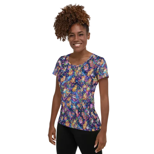 Cosmic Cat Carnival on a Women's Athletic T-Shirt