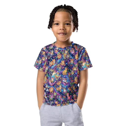 Cosmic Cat Carnival on a Kids Crew Neck T-Shirt