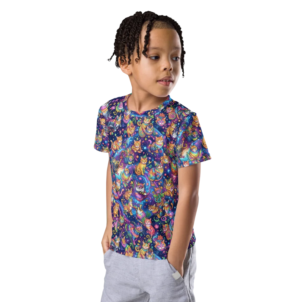 Cosmic Cat Carnival on Kids Crew Neck T-Shirt — Left Front