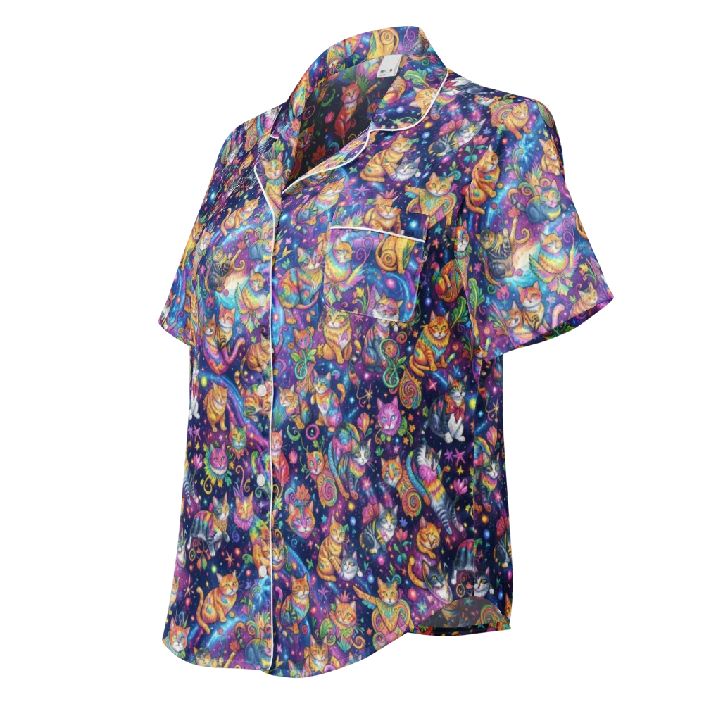 Cosmic Cat Carnival on Women's Short Sleeve Pajama Top — Left Front
