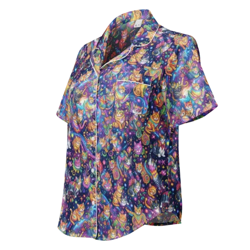 Cosmic Cat Carnival on a Women's Short Sleeve Pajama Top