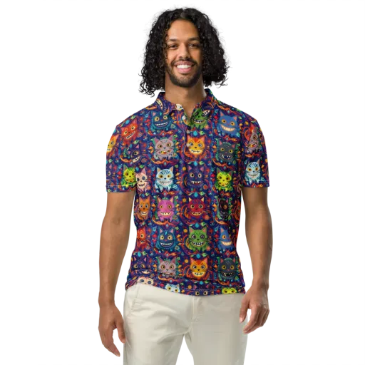 Grinning Cat Carnival on a Men's Slim Fit Polo Shirt