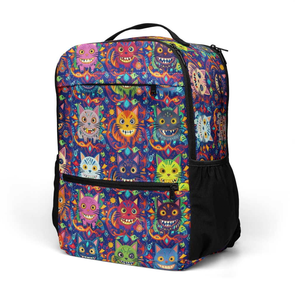 Grinning Cat Carnival on Utility Backpack — Left Front