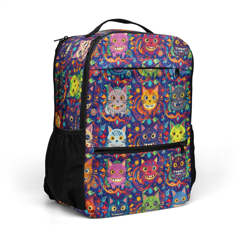 Grinning Cat Carnival on Utility Backpack — Right Front