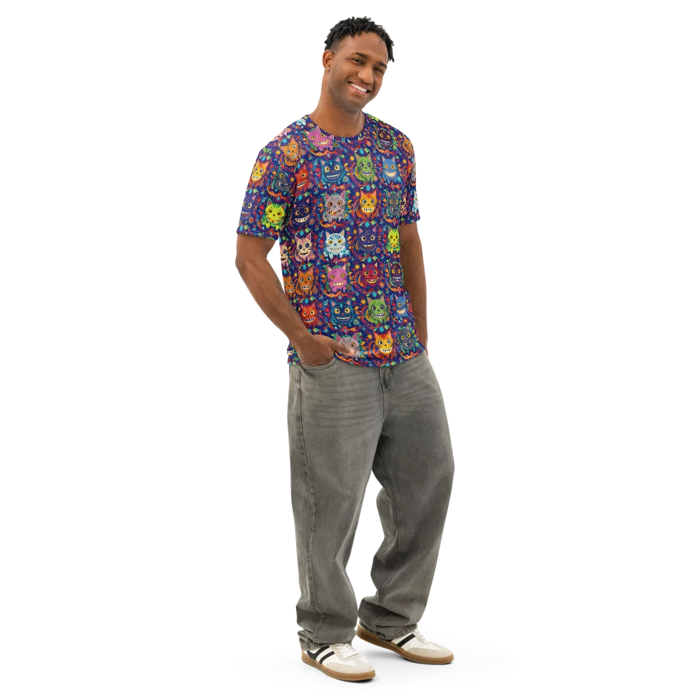 Grinning Cat Carnival on Men's Cotton Crew Neck T-Shirt — Right Front