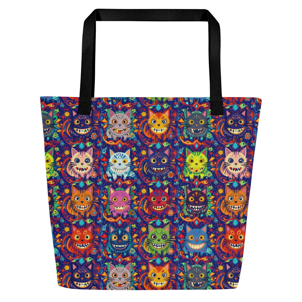 Grinning Cat Carnival on Large Tote Bag W/ Pocket — Front