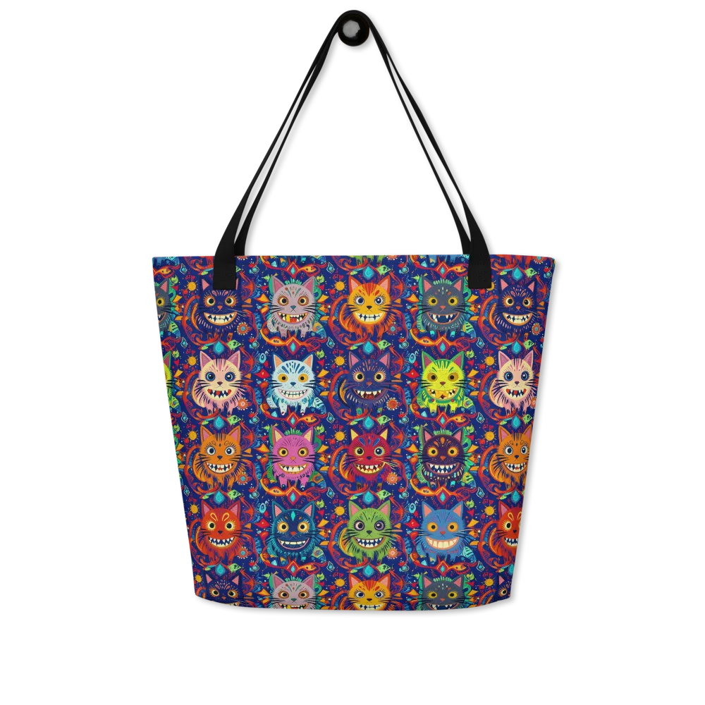 Grinning Cat Carnival on Large Tote Bag W/ Pocket — Front