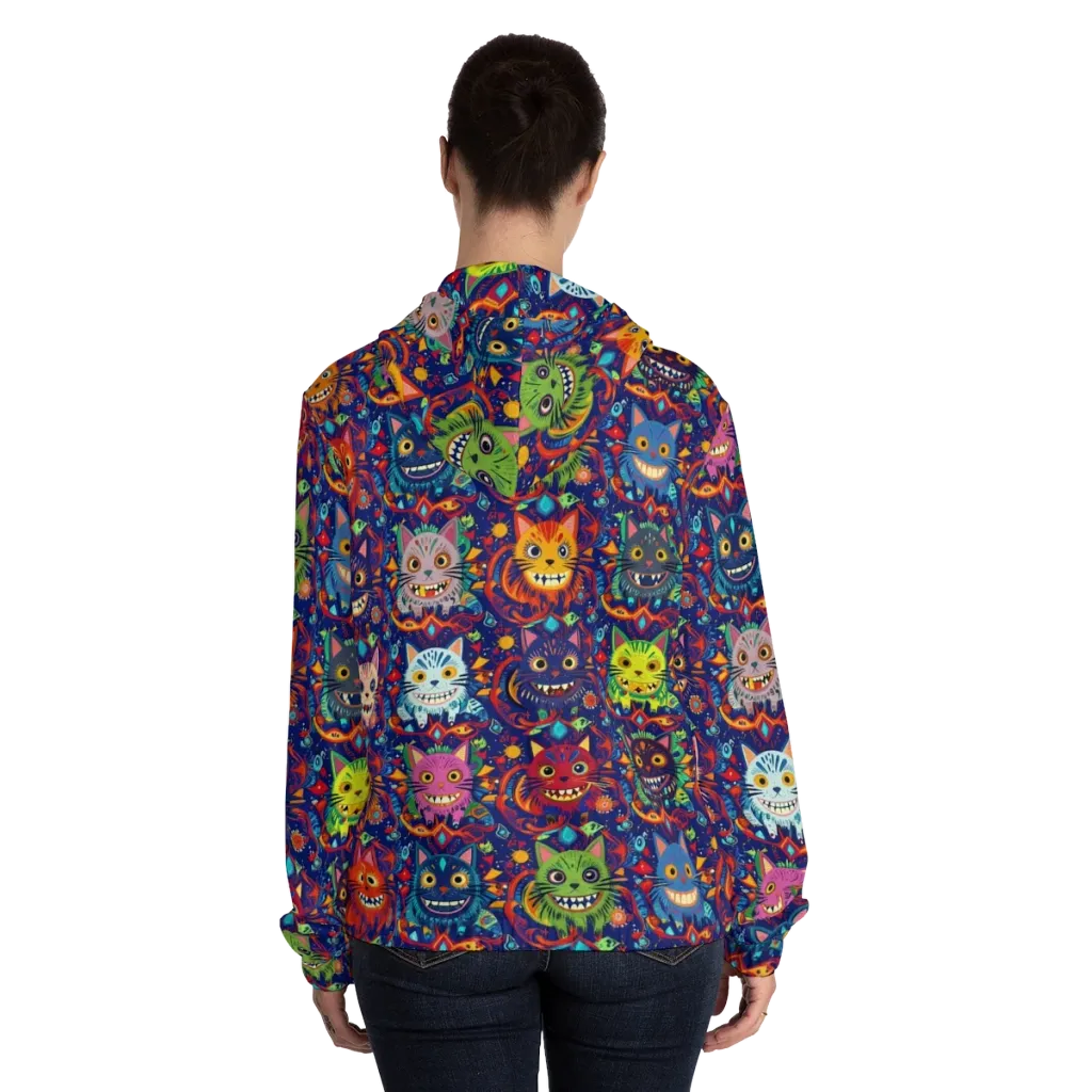 Grinning Cat Carnival on Women's Full-Zip Hoodie — Back On Person