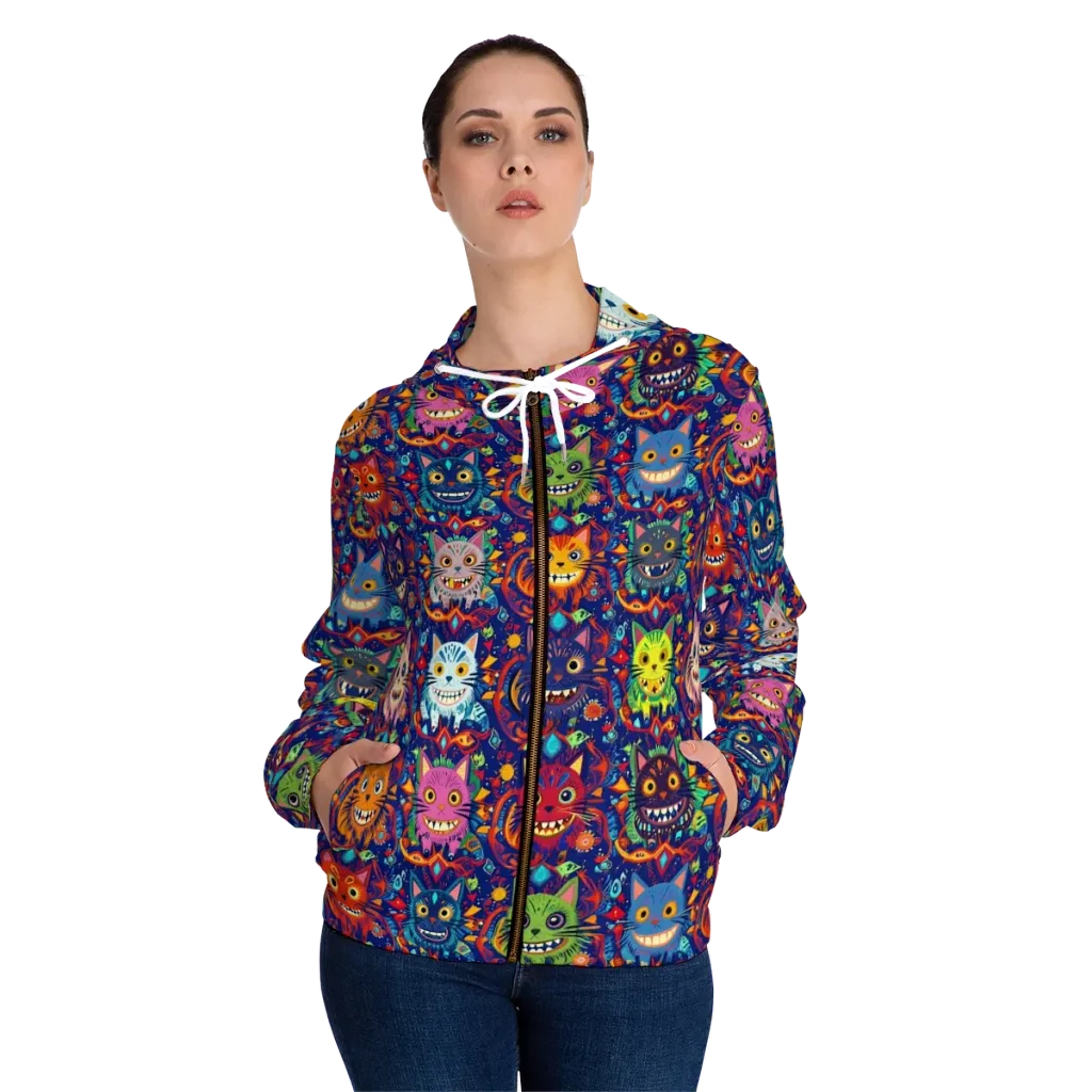 Grinning Cat Carnival on Women's Full-Zip Hoodie — Front On Person