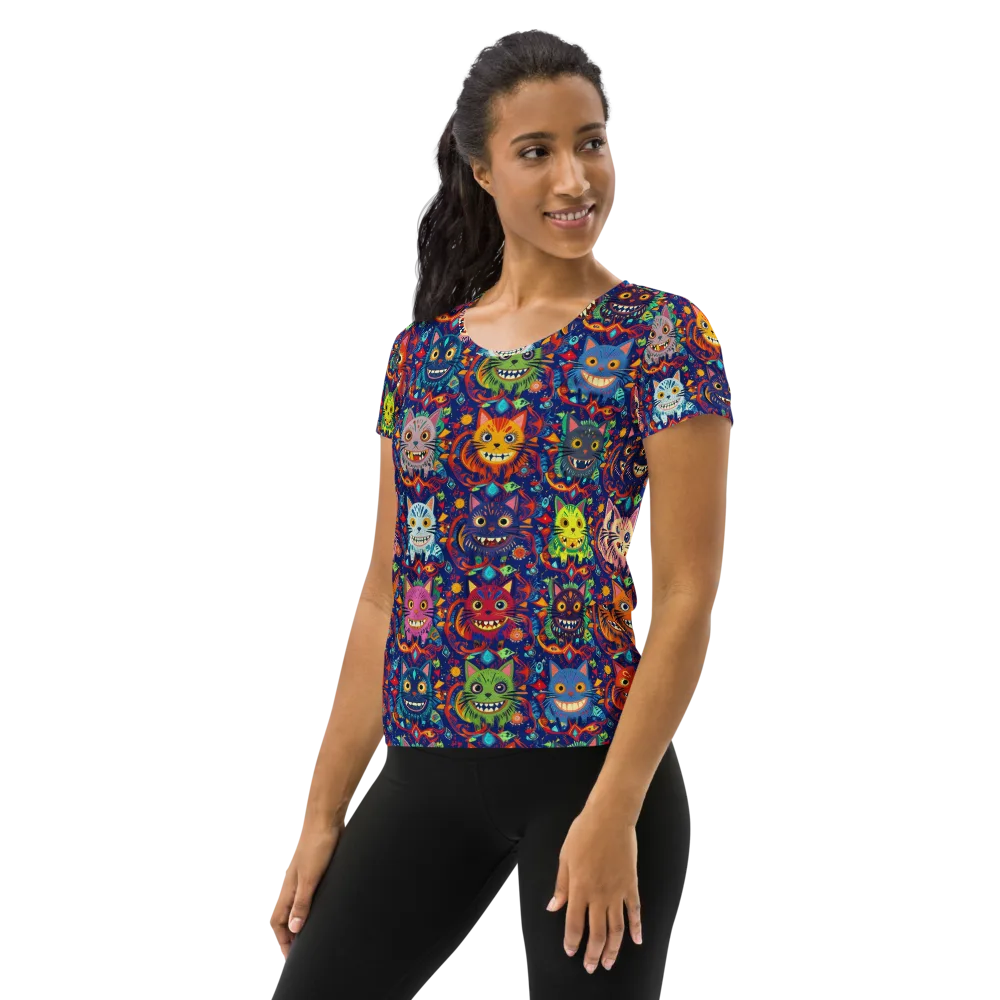 Grinning Cat Carnival on Women's Athletic T-Shirt — Left