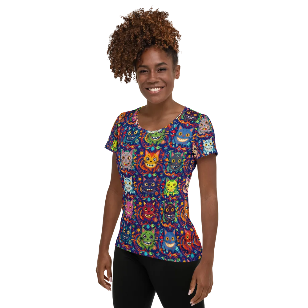 Grinning Cat Carnival on Women's Athletic T-Shirt — Left