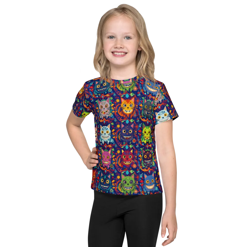 Grinning Cat Carnival on Kids Crew Neck T-Shirt — Front