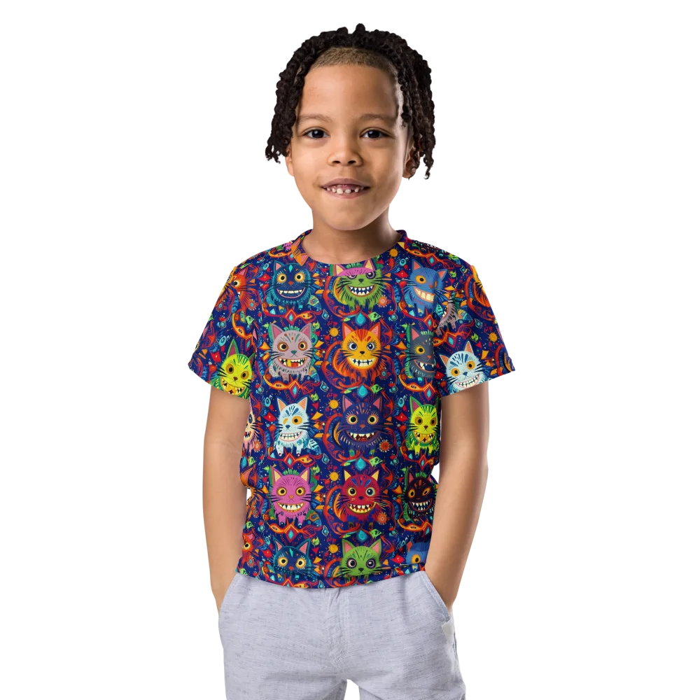 Grinning Cat Carnival on Kids Crew Neck T-Shirt — Front