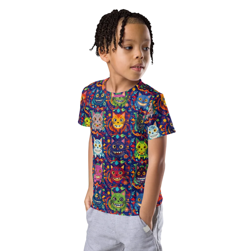 Grinning Cat Carnival on Kids Crew Neck T-Shirt — Left Front