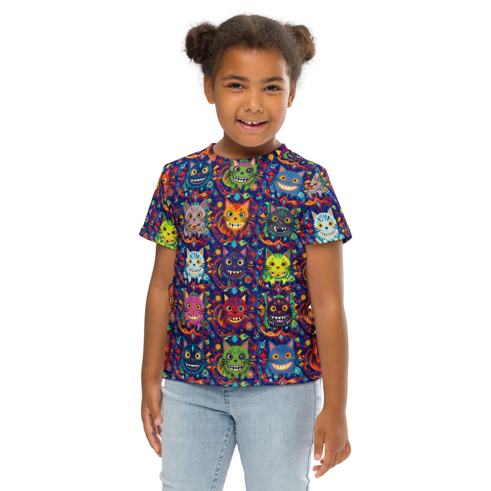 Grinning Cat Carnival on Kids Crew Neck T-Shirt — Front