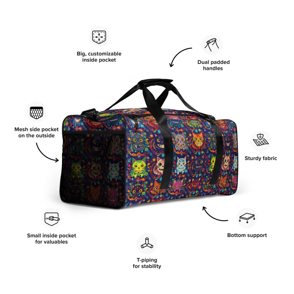 Grinning Cat Carnival on Duffle Bag — Right Front