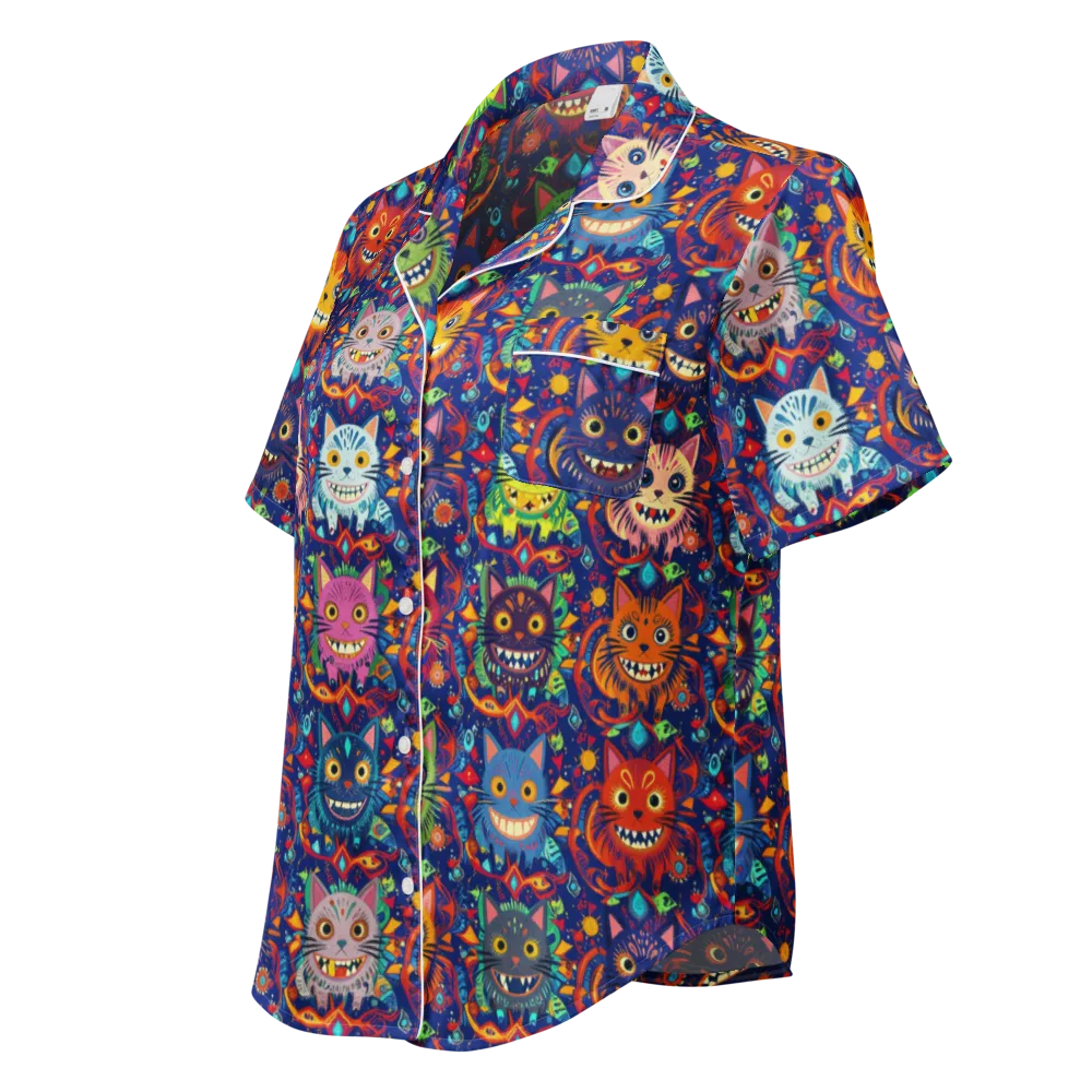 Grinning Cat Carnival on Women's Short Sleeve Pajama Top — Left Front