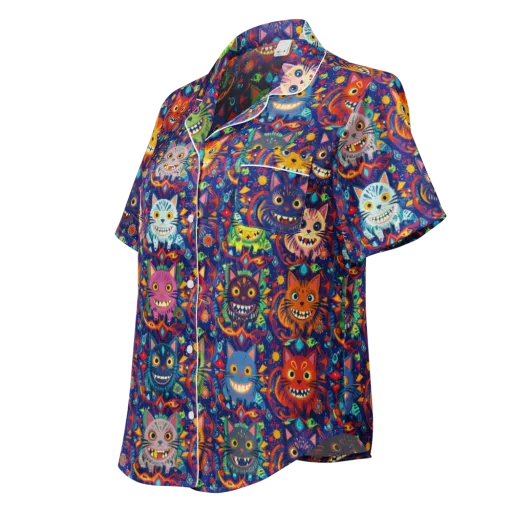 Grinning Cat Carnival on a Women's Short Sleeve Pajama Top
