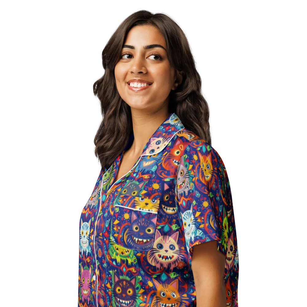 Grinning Cat Carnival on Women's Short Sleeve Pajama Top — Left Front